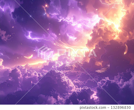 天空呈現出壯麗的紫色和金色積雨雲，神聖的光芒，以及翩翩起舞的羽毛。 132896830