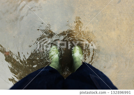 POV shot of person with Rain Boots standing in Floodwater. POV shot of person with Rain Boots standing in Floodwater. 132896991