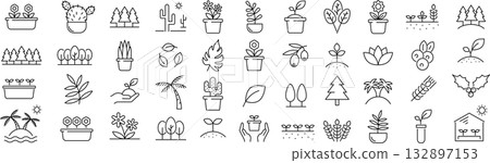 Vector monochrome line icon set about plants 132897153