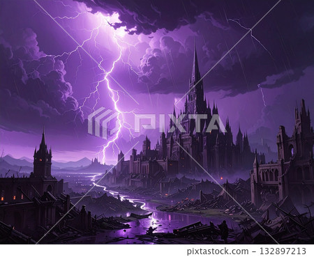 Like the wrath of God, powerful lightning strikes the earth, cutting through the dark purple clouds. 132897213