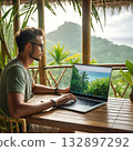 asian man using laptop in terrace 132897292