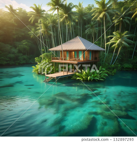 beautiful tropical beach sea and ocean with coconut palm tree at sunrise time 132897293