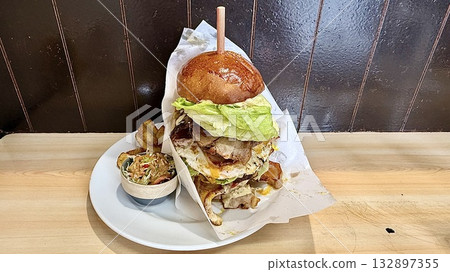 Hamburger, fries and salad set 132897355