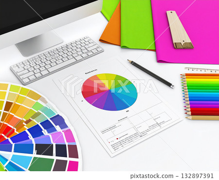 A business scene with blueprints and colorful color charts spread out on an office desk 132897391