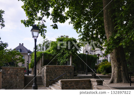 Stone stairs and vintage street lamp in Montmartre Paris surrounded by green trees Stone stairs and vintage street lamp in Montmartre Paris surrounded by green trees 132897822