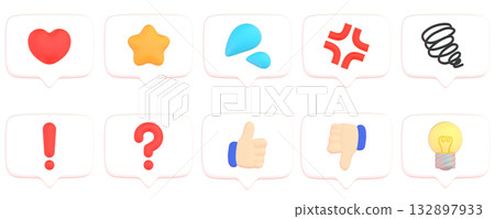 3DCG icons of square speech bubbles that express various reactions. Illustrations of puffy speech bubble stamps 132897933