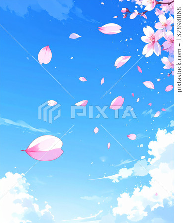A watercolor painting of cherry blossoms and falling petals against a blue sky and white clouds frame. 132898068