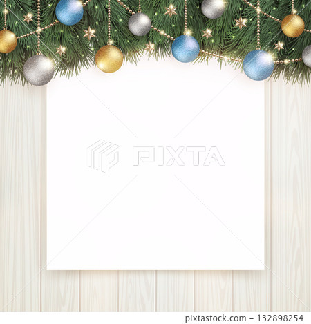 Light shining Christmas tree and plain white board on white wood grain background 132898254
