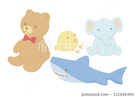 插圖描繪了毛絨熊、鯊魚、小雞和大象 132898409