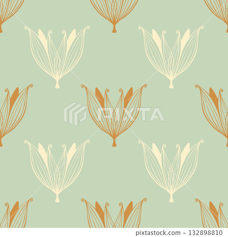Elegant pattern with lily buds, hand painted lily or lotus flowers. On soft pastel background. Textile. 132898810