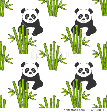 Panda and bamboo shoots, cute pattern with animals and plants on white background. 132898811