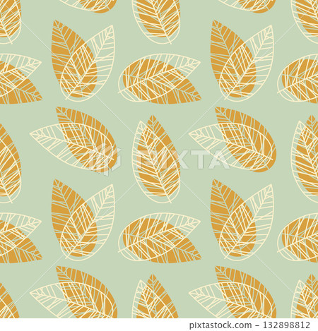 Pastel autumn pattern with leaves, stylized doodle, textile background, warm atmosphere, packaging, wallpaper, backdrop, backing. 132898812