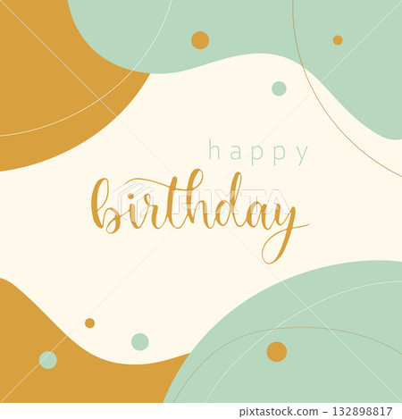 Happy Birthday poster, boho style card with abstract shapes, lines and confetti, pastel soft background. 132898817
