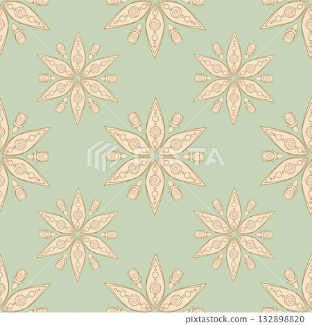 Pastel pattern in oriental style with stylized flowers in the form of six-pointed stars, decorated with circles and spirals, surrounded by buds, on soft pastel background. 132898820