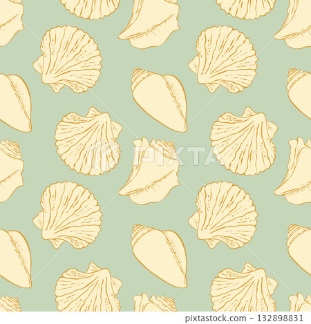 Nautical pattern with shells, hand painted gold outline on pastel green sea background. Nautical pattern with shells, hand painted gold outline on pastel green sea background. 132898831