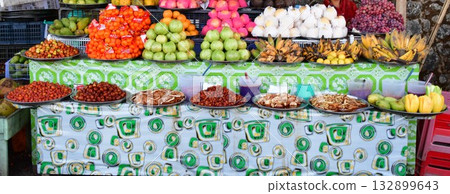 Myanmar, Kyaikhtiyo, fruit seller, street stall Myanmar, Kyaikhtiyo, fruit seller, street stall 132899643