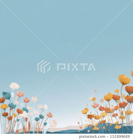 底部是一片花田的扁平化向量插圖。 132899689