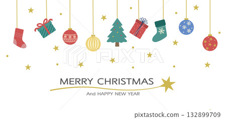Christmas banner illustration with tree, ornaments, and presents. White background/transparent Christmas banner. 132899709