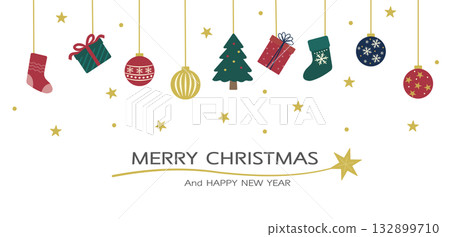 Christmas banner illustration with tree, ornaments, and presents. White background/transparent Christmas banner. 132899710