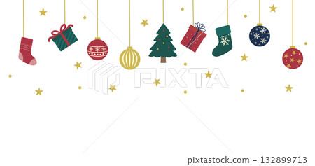 Christmas banner illustration with tree, ornaments, and presents. White background/transparent Christmas banner. 132899713