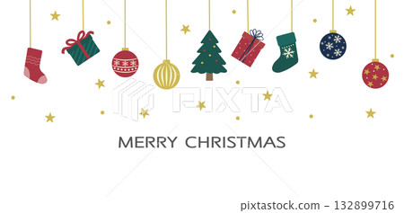 Christmas banner illustration with tree, ornaments, and presents. White background/transparent Christmas banner. 132899716
