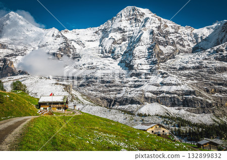 Alpine chalet on the slope and snowy mountains in Switzerland Alpine chalet on the slope and snowy mountains in Switzerland 132899832
