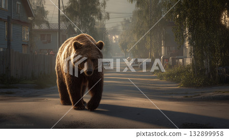 Brown bear walking through a residential area Brown bear walking through a residential area 132899958