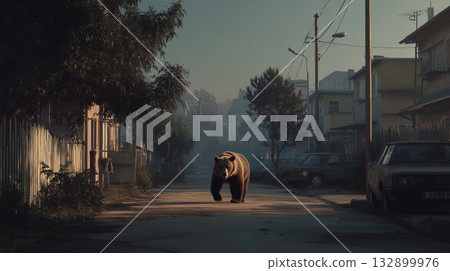 Brown bear walking through a residential area Brown bear walking through a residential area 132899976