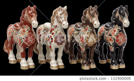 A beautiful red, white, brown, and black ceramic horse figurine with floral patterns arranged against a black background. A beautiful red, white, brown, and black ceramic horse figurine with floral patterns arranged against a black background. 132900000