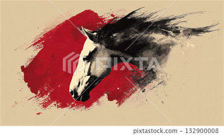 An illustration of a horse's profile painted with powerful brushstrokes on a red background. An illustration of a horse's profile painted with powerful brushstrokes on a red background. 132900008