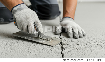 特寫鏡頭:雙手正在修補混凝土樓板上的裂縫 特寫鏡頭:雙手正在修補混凝土樓板上的裂縫 132900093