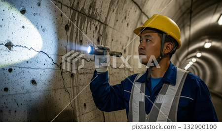 An inspector uses a light to check for deterioration (cracks) on the concrete wall surface 132900100