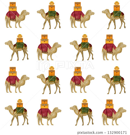 Camel with chests with gifts watercolor seamless pattern isolated on white. Hand painted textile, wrapping paper, posters, decoration for celebration of true Christmas. Cute minimalistic clip art 132900171