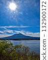 Clear autumn sky and clouds seen from Lake Kawaguchiko with the sun shining above the lake 132900172