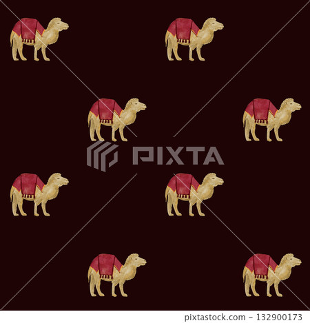 Camel with red saddle blanket watercolor seamless pattern on dark background. Hand painted art perfect for textile, wrapping paper, logotype, decoration for celebration of Christmas. Cute clip art 132900173