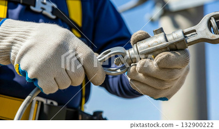 工人正在為安全帶（安全繩）戴上金屬配件。 132900222