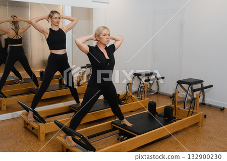 Two women engage in a Pilates workout at a modern studio focusing on core strength and flexibility in a bright, mirrored space in the morning hours Two women engage in a Pilates workout at a modern studio focusing on core strength and flexibility in a bright, mirrored space in the morning hours 132900230