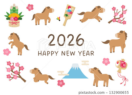 2026年年新年賀卡模板。馬、可愛、吉祥物、向量圖、梅花 2026年年新年賀卡模板。馬、可愛、吉祥物、向量圖、梅花 132900655