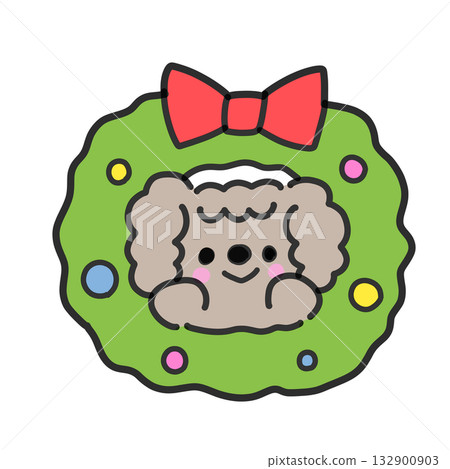 聖誕花圈裡的一隻可愛的玩具貴賓犬 132900903