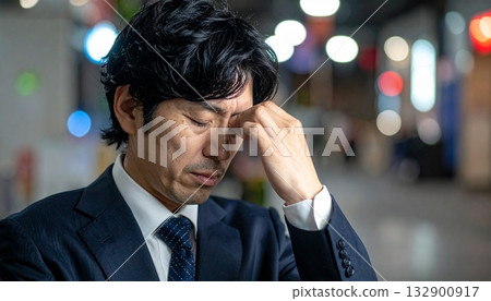 一名中年男子雙手抱頭，神情痛苦。 132900917
