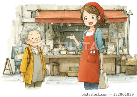 Miyu series: A scene where Miyu is shopping at the market while talking to an elderly person 132901039