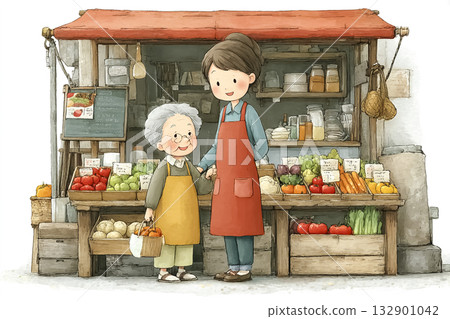 Miyu series: A scene where Miyu is shopping at the market while talking to an elderly person 132901042