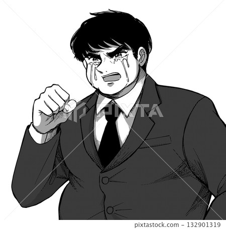 A passionate cry! A black and white illustration of a fat, comic-style office worker 132901319