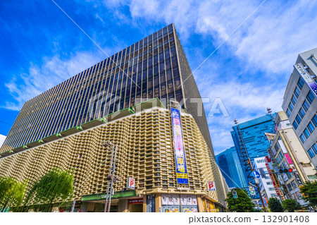 Tokyo cityscape, Japan, November 4th. View of Shimbashi Station's Karasumori Exit (back right) and the New Shimbashi Building. Shiodome is in the upper right back. 132901408