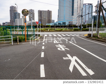 交叉路口停車警告 - 道路標記“停車” 132901411