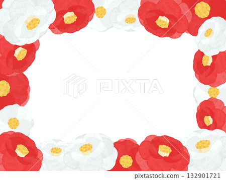 一幅精美的畫框，周圍環繞著手繪的紅白山茶花。 132901721