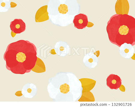 Hand-drawn red and white camellia and gold leaves chic background Hand-drawn red and white camellia and gold leaves chic background 132901726