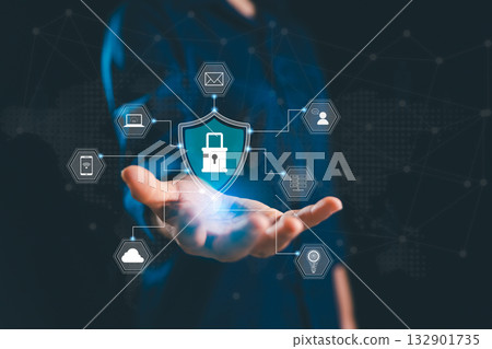 Interacts virtual interface featuring padlock icon, concept of data protection privacy under GDPR, EU regulation, cybersecurity technology secures personal information internet networks, connection. 132901735