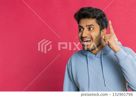 Inspired Indian man having good idea, plan, startup, showing inspiration motivation Eureka gesture 132901798