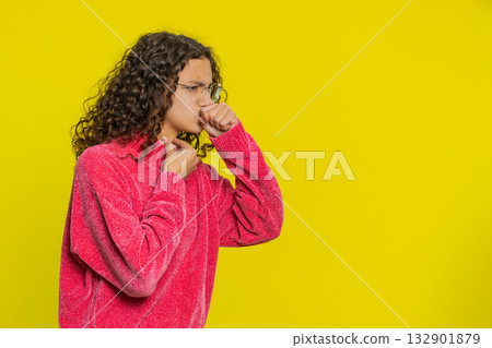 Unhealthy ill girl coughing with seasonal flu symptoms, sick, allergy, fever or viral infection 132901879